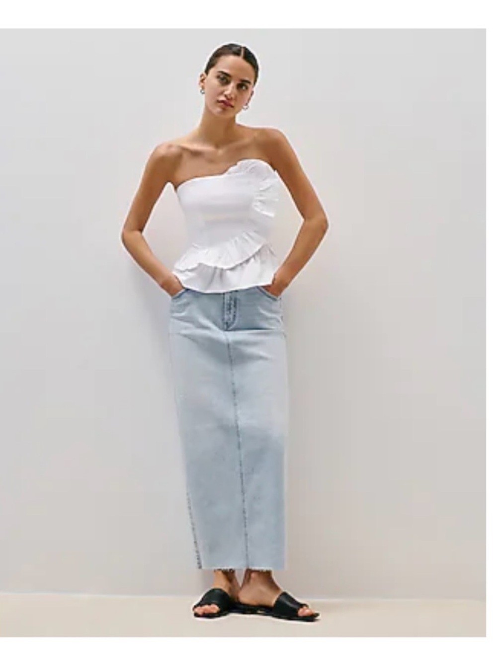 High Waisted Raw Hem Back Slit Maxi Denim Skirt